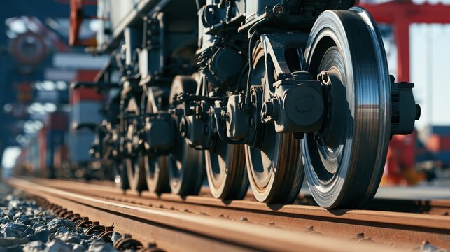 A massive steel freight train engine moves along the industrial rail tracks while powerful metal wheels turn continuously to transport heavy cargo across the vast and expansive national rail