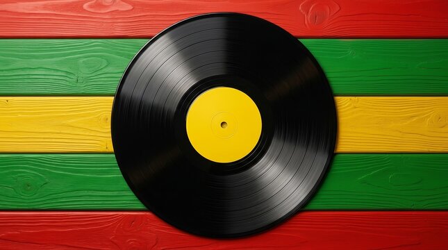 Jamaican culture inspired vinyl record on a wooden surface with reggae music vibes.