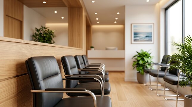 Modern medical office interior featuring natural wood, plants, and soft lighting.
