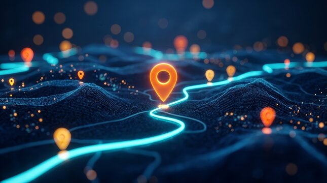 Abstract technology concept for travel featuring a navigation system and points of interest.