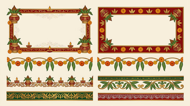 Indian festival decorative borders with set isolated on a transparent background