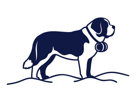 Minimalist of a saint bernard dog standing in snow, wearing a traditional rescue barrel collar, dark blue on white