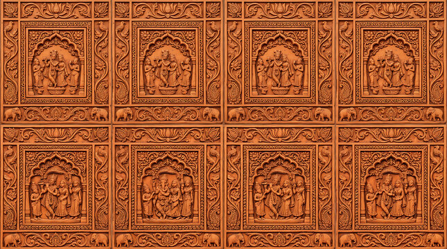 Intricate terracotta wall relief with hindu set isolated on a transparent background