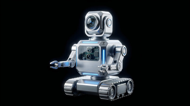 Miniature Modular Ai Assistant Robot on Tracks, Futuristic Design with Metallic Finish and Glowing Accents Against