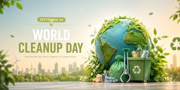 World cleanup day banner design with green globe and recycling container
