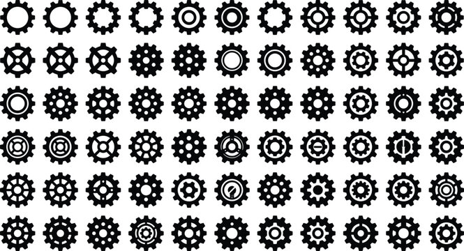 Comprehensive collection of gear and cogwheel vector icons for industrial and technology design
