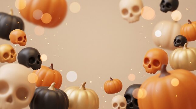 Halloween background with skulls and pumpkins arranged in a decorative frame on a light backdrop. This image is for holiday party invitations and spooky retail advertising.