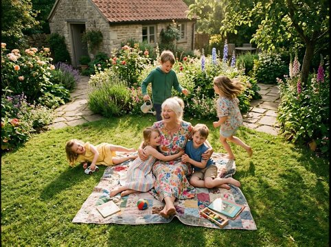 Joyful Grandmother with Grandchildren Playing in a Sunny Cottage Garden