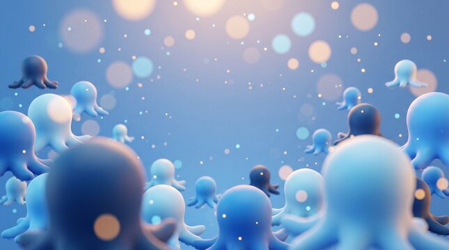 Background for World Octopus Day with blue stylized octopus characters and shimmering bubbles. This illustration serves as a creative backdrop for marine life awareness and ocean-themed events.
