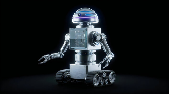 Miniature Modular Ai Robot Standing on Tracks, Futuristic Design with Glowing Blue Accents and Metallic Texture.