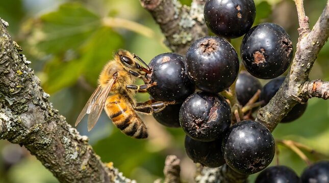 Honey bee pollinating ripe black chokeberry fruit. Macro photography of honeybee on aronia berries. Natural garden wildlife scene.