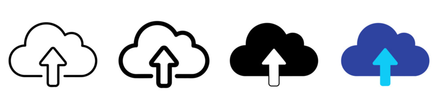 Cloud upload icon set in four styles, minimalist data storage symbols, flat vector cloud computing graphics for web design