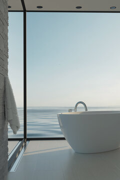 3D rendering of elegant bathroom with freestanding bathtub in front of beautiful lake