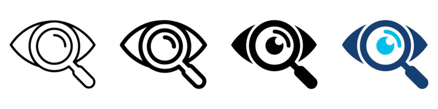 Minimalist eye and magnifying glass icon set, 4 search and vision vector symbols, flat optical inspection graphics for web design