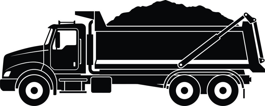 PrintThree wheelerHeHeavy duty industrial tipper dump truck silhouette vector illustration loaded with soil gravel sand construction 