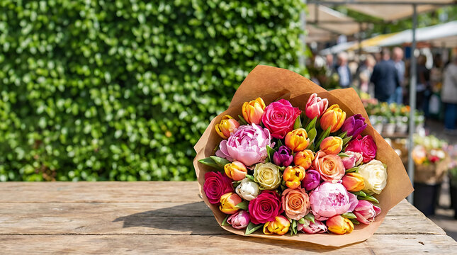 A stunning bouquet of flowers in full bloom discovered at an open market in the Netherlands presented against a beautiful green background making it a perfect and great present. great present one of