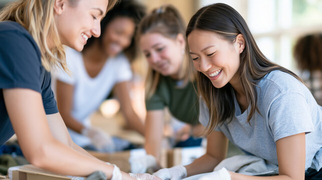 Diverse Group of Young Women Collaborating Together During International Volunteer Day Event