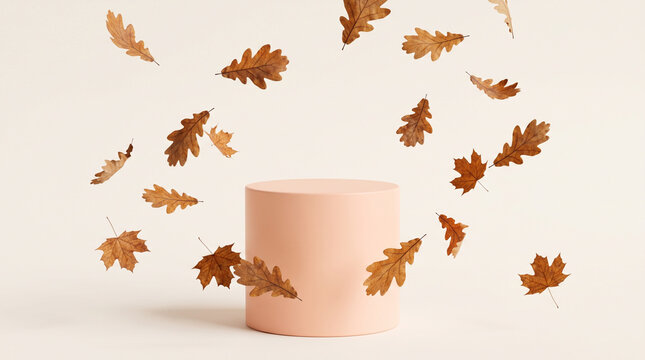 Peach cylinder product display podium surrounded by scattered floating autumn oak and maple leaves, minimal levitating seasonal backdrop mockup, 3d render.