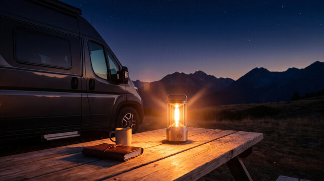 Camp lantern glowing on picnic table beside van under starry sky. Mountains in background. Travel, outdoor adventure, camping lifestyle.