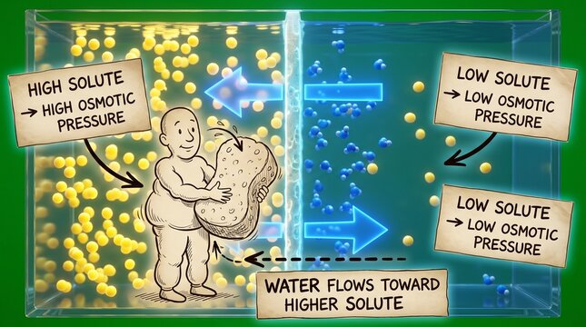 3D illustration of osmosis process showing water molecules moving through semipermeable membrane toward higher solute concentration
