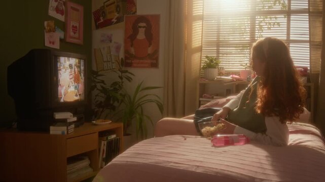 Caucasian teenager lying on bed, eating popcorn and watching CRT television in retro bedroom. Perfect for nostalgia marketing, youth lifestyle campaigns, and retro entertainment content