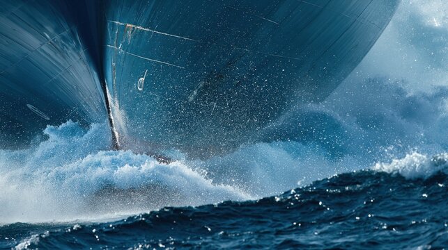 A massive steel container ship cuts through the churning rough ocean waves while creating a large spray of foam during a turbulent journey across the deep blue sea under heavy stormy weather
