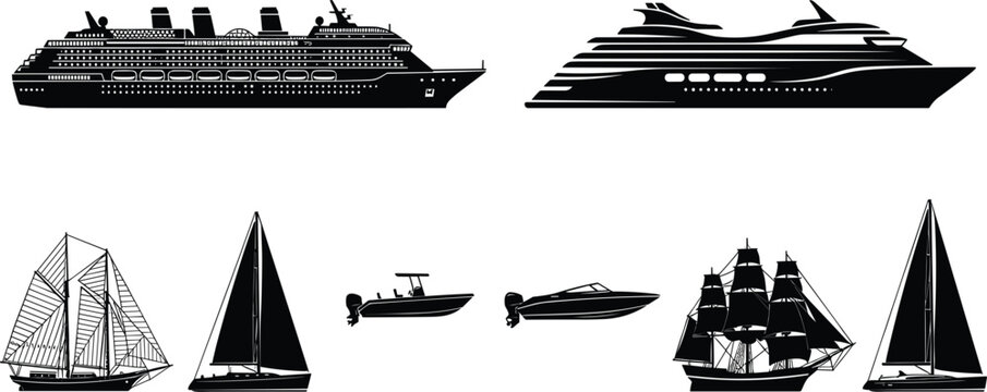 PrintThree wheelerHeLuxury cruise ship liner and sailing yacht silhouette collection with speedboats and old pirate galleon tall shipsNaStealth 