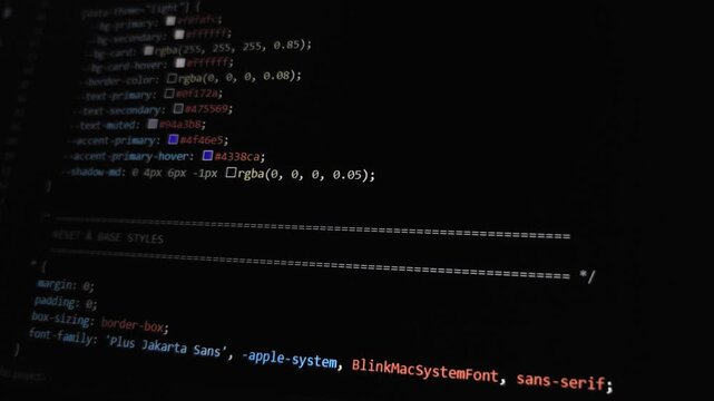 CSS source code scrolling on dark computer screen