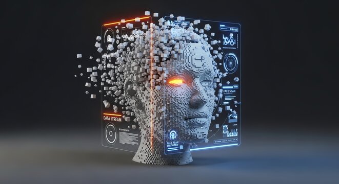 Artificial human head made of digital voxels with holographic interface elements and glowing eye in dark background