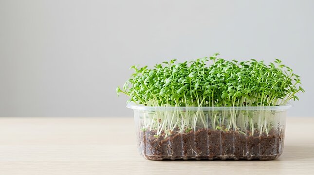 Fresh and Vibrant Cress (Lepidium Sativum) Also Known as Garden Cress Growing in a Plastic Container Representing Healthy Eating Gardening and Rapid Growth growth cress lepidum sativum in plastic