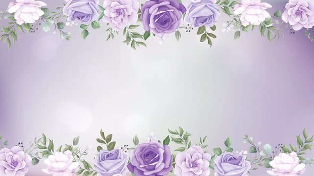 Beautiful Watercolor Floral Border with Purple and White Roses on Soft Gradient Background.