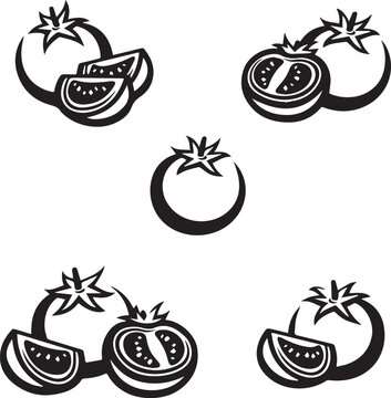 Tomatoes and tomato slices vector icons set in black and white style