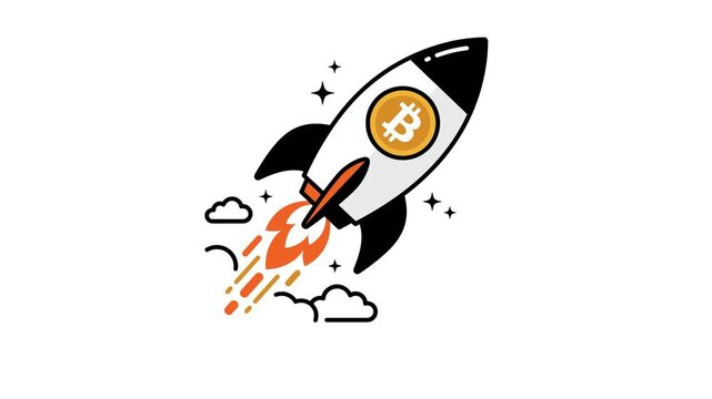 Animated cryptocurrency rocket launching upward on white background