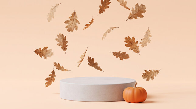Minimalist concrete cylinder podium with floating falling autumn oak leaves and orange pumpkin on peach background, dynamic seasonal product display mockup, 3d render.
