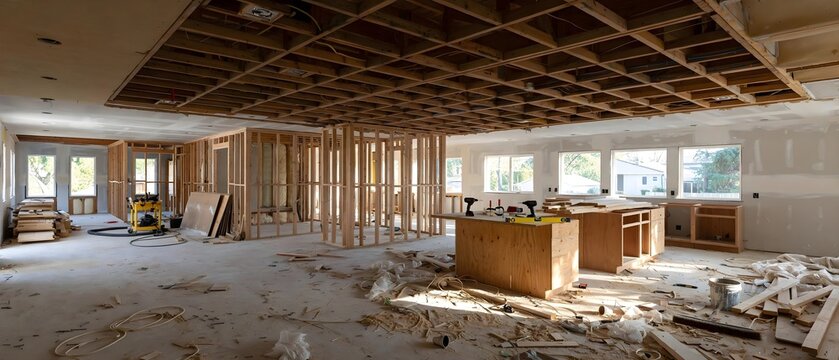 Interior of a house under renovation with wood coffered ceiling