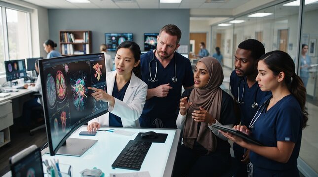 A medical team collaborates around AI-assisted diagnostic technology in a modern hospital environment.