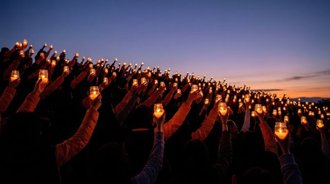 Many people holding candles in glass jars during a twilight vigil, symbolizing hope and remembrance.