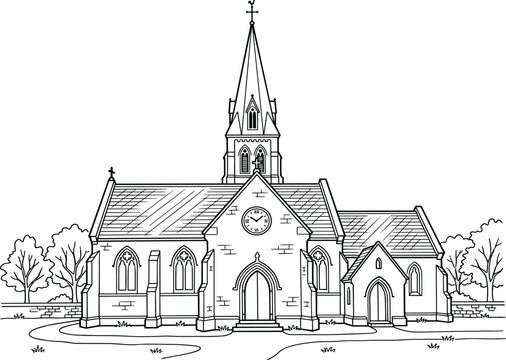 Old English church line art vector illustration gothic parish building with steeple clock and surrounding landscape
