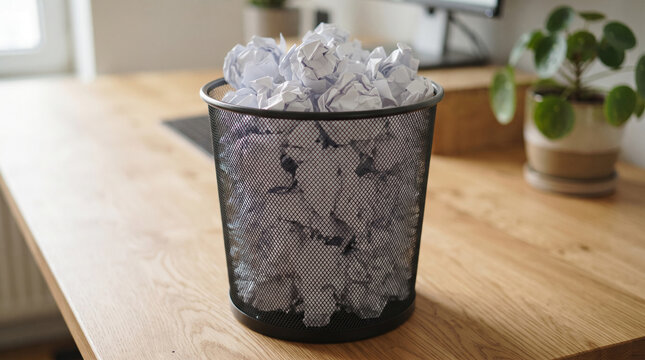 Crumpled paper balls in a black mesh bin on a wooden desk, symbolizing waste, ideas, or creative block, office setting