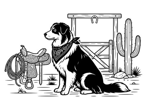 Dog beside saddle at western ranch gate