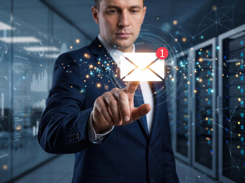 Businessman touches an email icon with a notification, symbolizing digital communication and incoming messages within a data center.