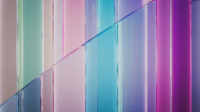 Translucent colorful glass panels shift in this mesmerizing motion video footage featuring vibrant gradients and smooth geometric architectural lighting patterns