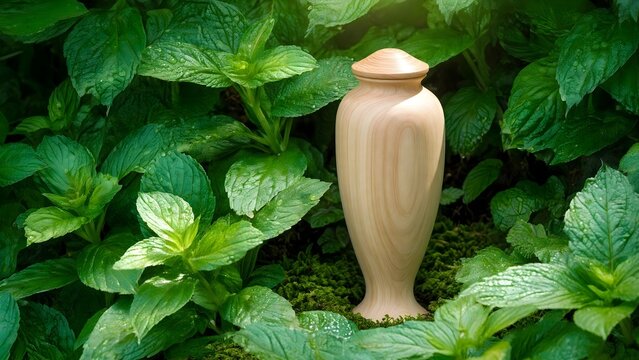 Wooden urn sitting in a lush green mint garden
