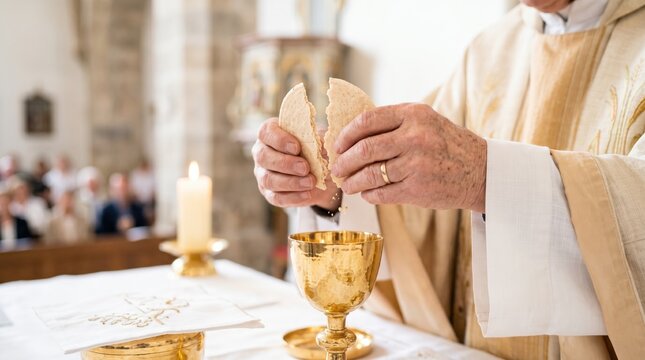 Priest breaking the communion host over a golden chalice. Holy Eucharist sacrament during a Catholic Mass