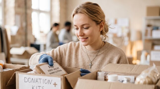 Smiling young woman packing donation boxes with first aid kits. Volunteer working in a charity community center. Humanitarian aid concept