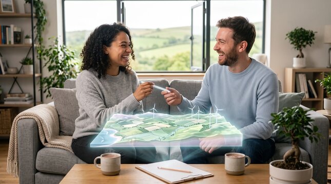 Young Couple Interacting with Futuristic Holographic 3D Map in Modern Living Room