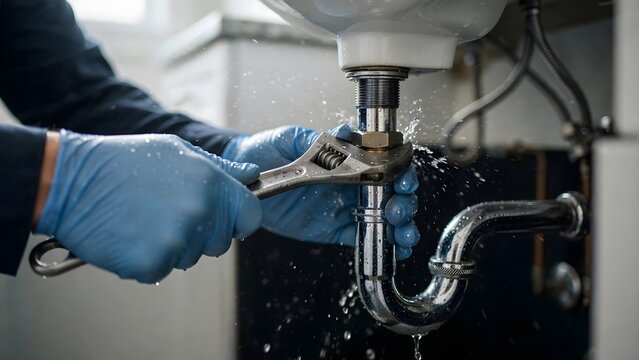 Plumber repairing a leaking bathroom sink pipe with a wrench