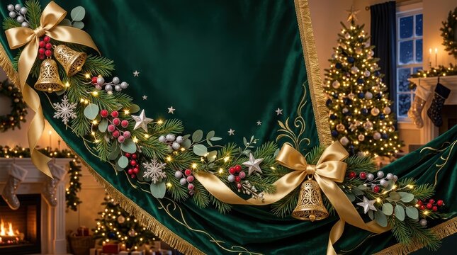Elegant christmas green velvet curtain with gold ribbon, bells, and pine branches, festive holiday home interior background