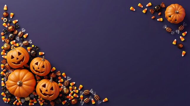 A collection of carved pumpkins and Halloween candies are arranged in a pile at the bottom of a solid gray background.