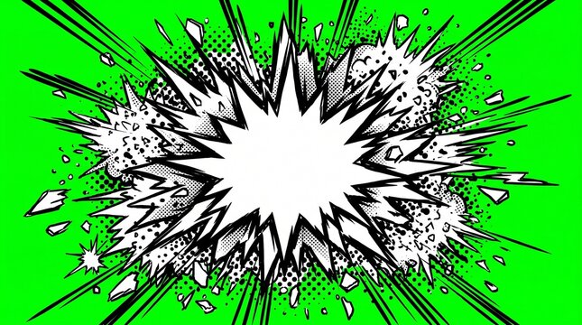 Explosive comic book speech bubble frame featuring sharp edges and dynamic halftone patterns on green background